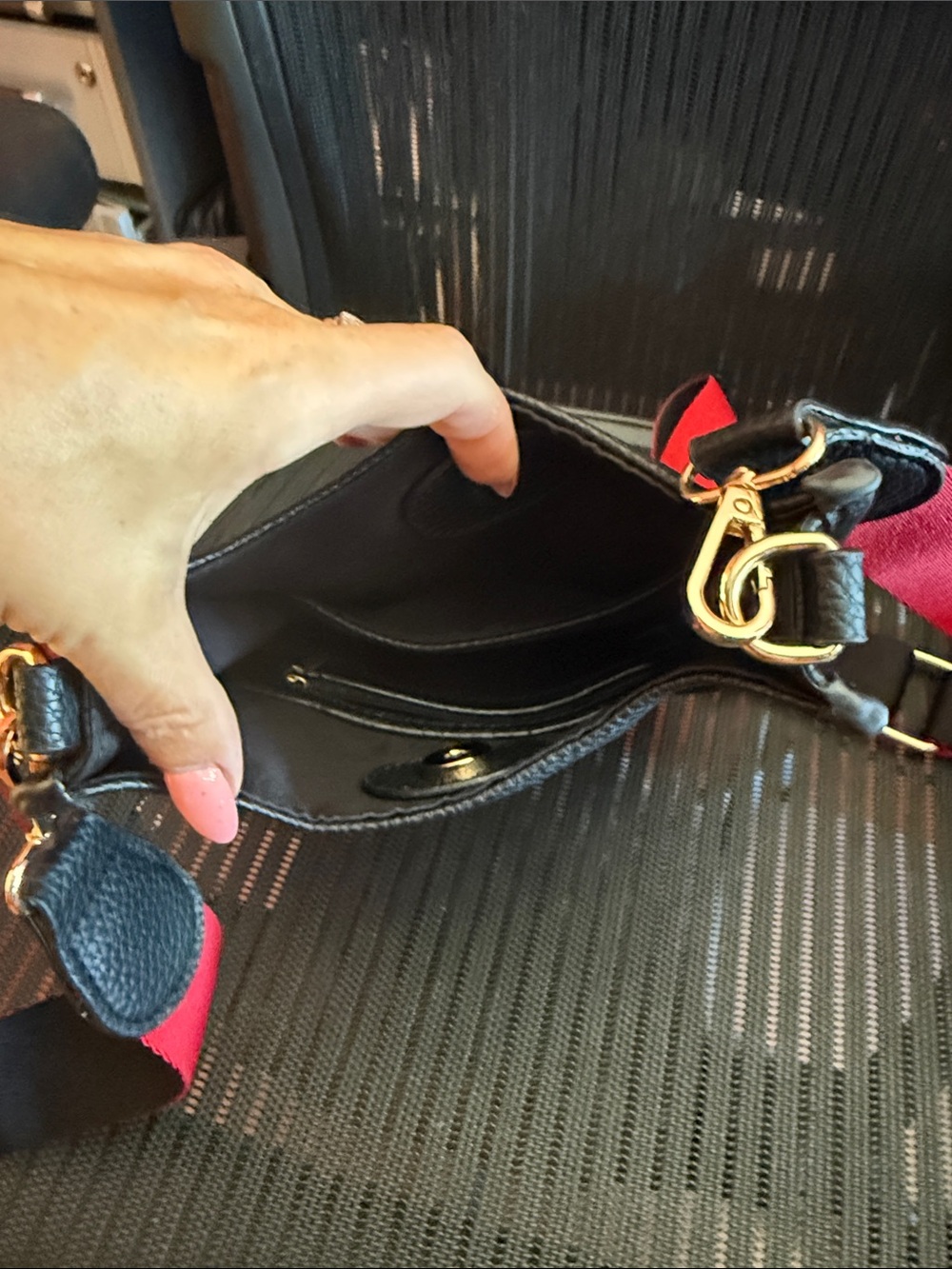 Black Pebbled Crossbody Bag with Red Webbed Strap faux super soft leather - Picture 4 of 5